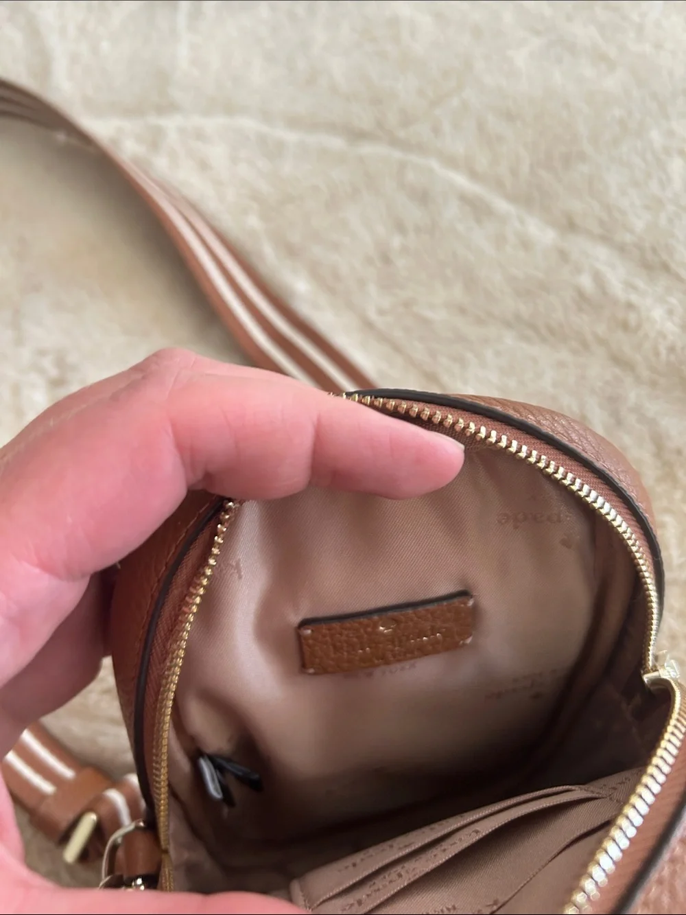 kate spade brown pebbled leather belt bag with striped strap